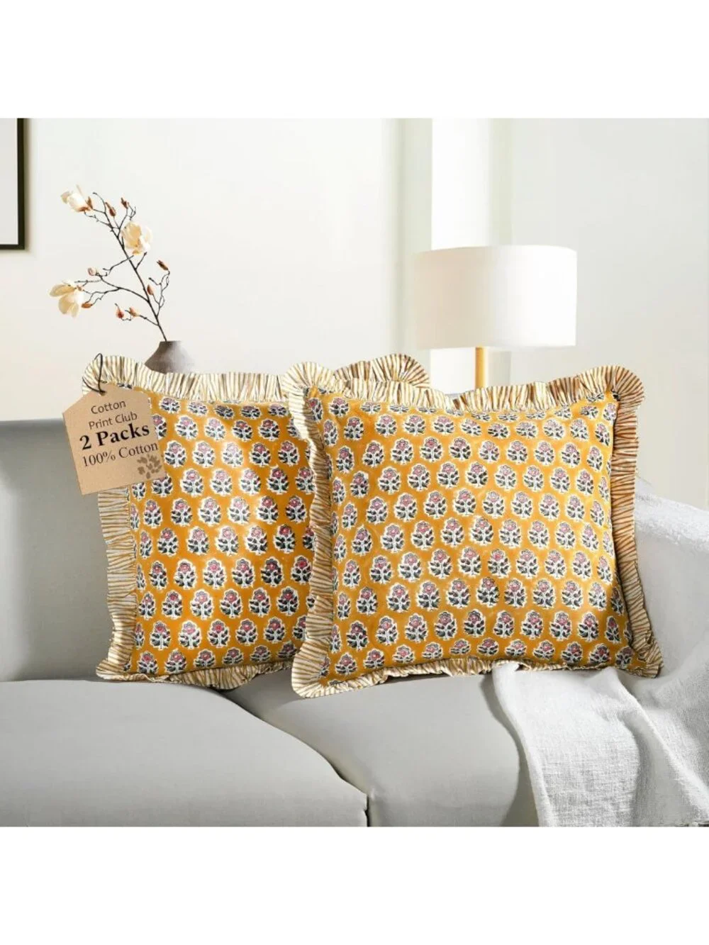 Yellow Citrine Block Print Ruffle Pillow Covers, 24x24 Inch, Set of 2